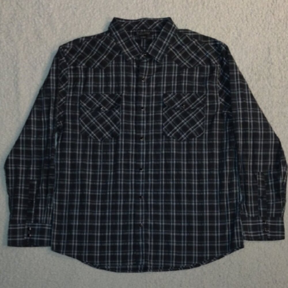 Montage Collection Size XL Pearl Snap Plaid Shirt Black Gray Blue Green Western